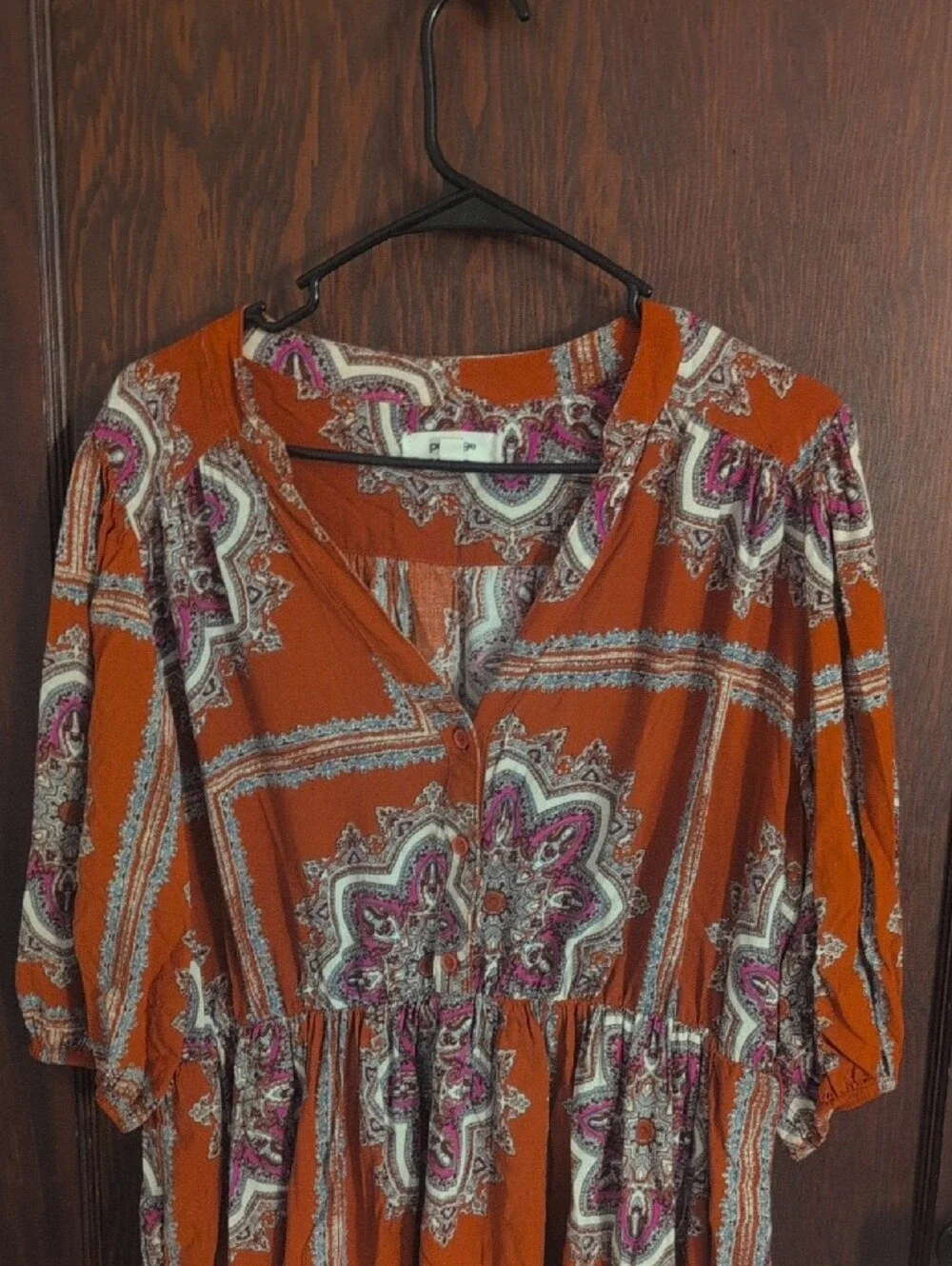 Rust Paisley Button-Front Boho Dress